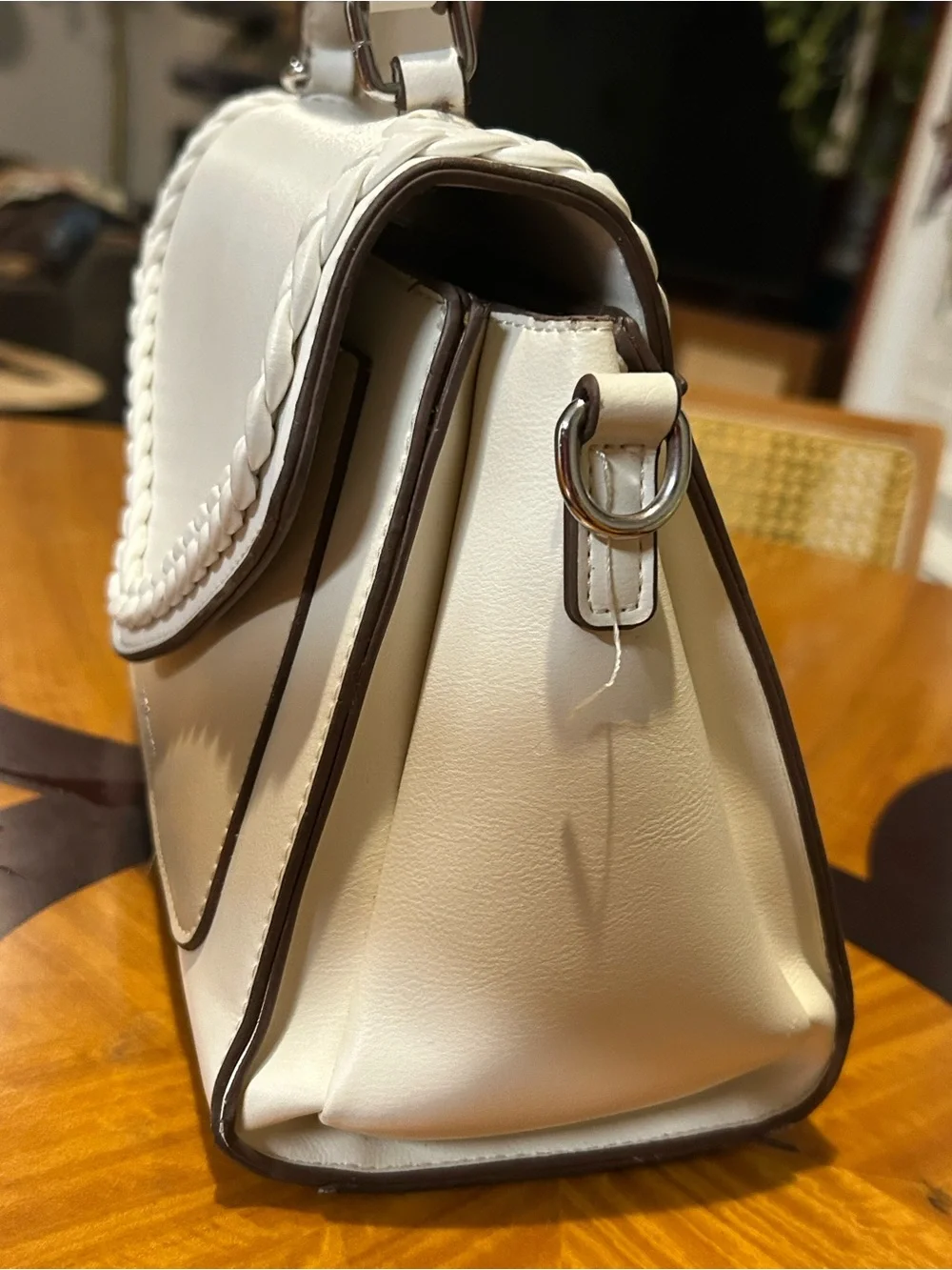 BCBGMaxAzria White Braided-Trim Top Handle Satchel